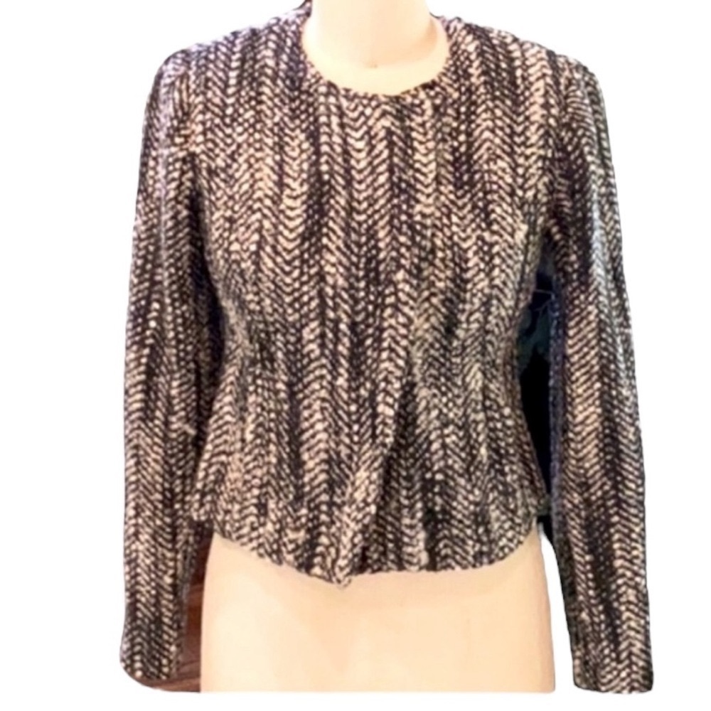 CAbi Mockingbird Tweed Moto Jacket herringbone pattern asymmetrical zip cropped